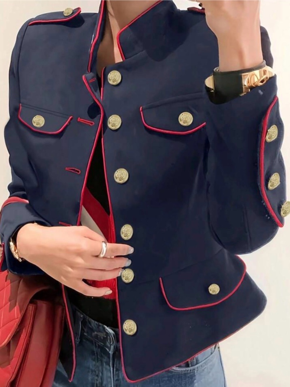 Navy Military-Style Jacket with Red Piping - Medium